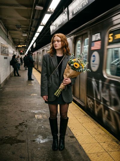 Cinematic Subway Moment: Woman Poised Amid Urban Motion