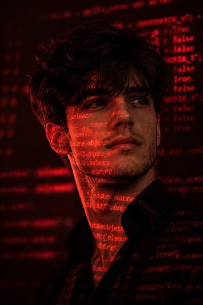 A man with code glowing across his face in red light