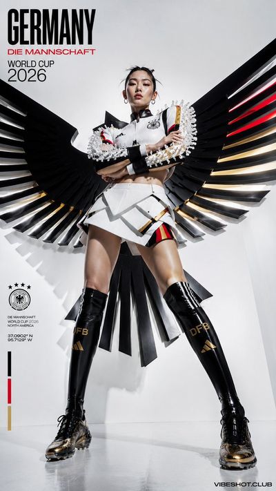 National team fashion muse poses in sculpted jersey under giant arc