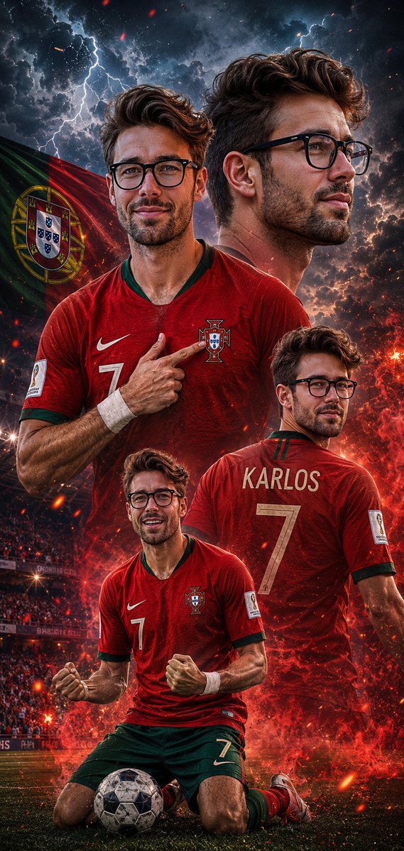 South Asian footballer Hasanur points at Portugal badge in stormy portrait