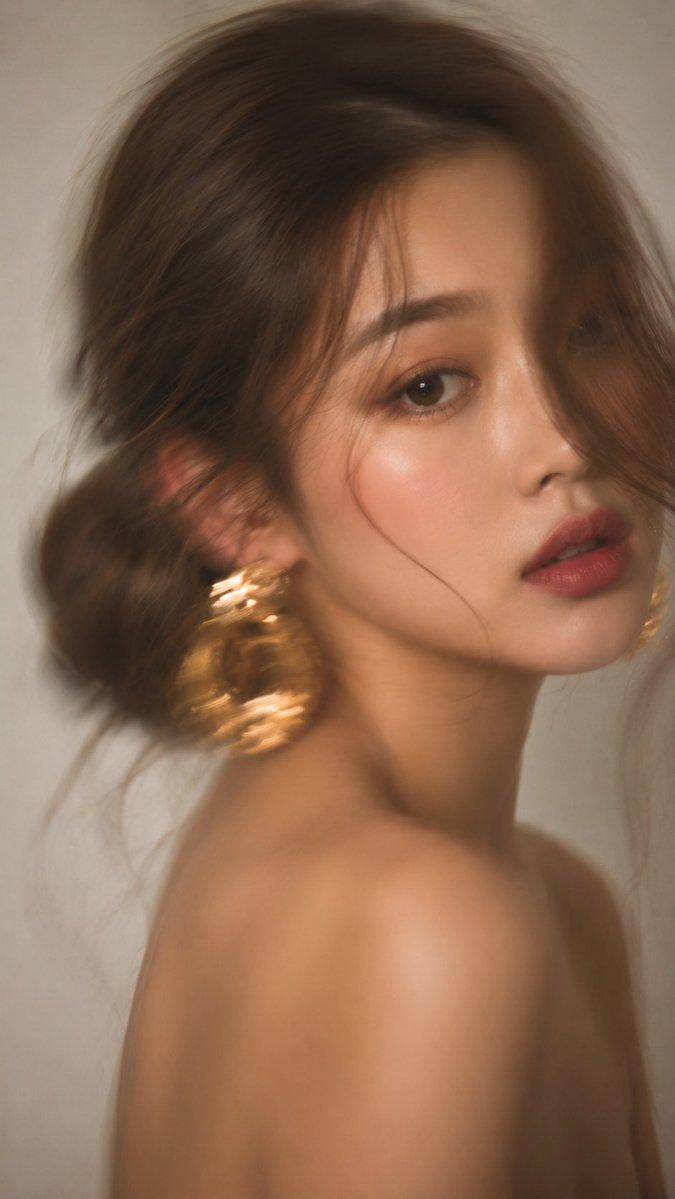 Woman with braided bun and gold earrings looks away in motion blur