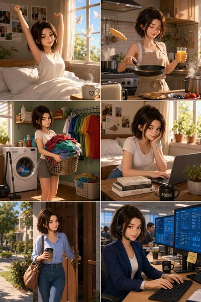 A young woman's daily routine unfolds in six vibrant Pixar-style panels