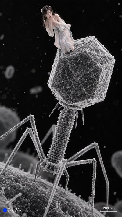 Real Eastern woman stands on giant bacteriophage in electron microscope view