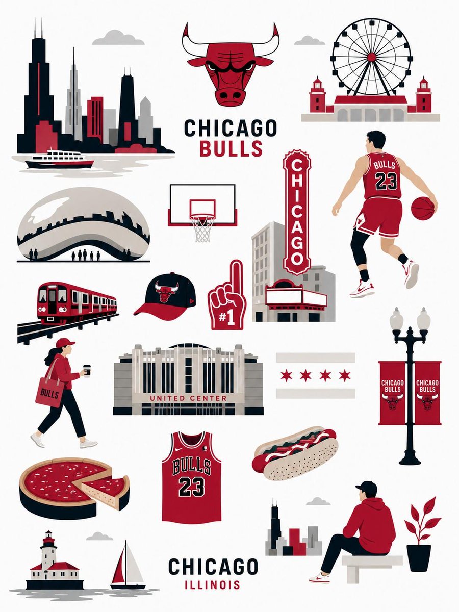Chicago Bulls soar through iconic city landmarks in stylish flat vector collage