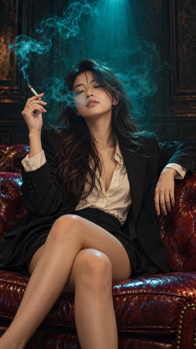 Woman in black suit exhales blue fire under cyan spotlight