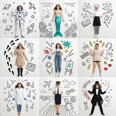 A young woman transforms into nine whimsical roles with doodles