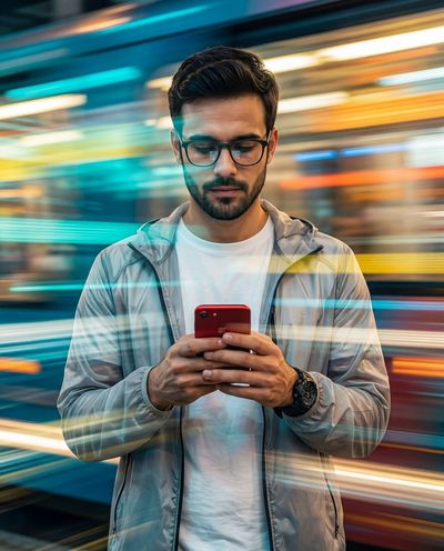 Static Focus Amid Neon Motion: Man Absorbed in Digital Glow
