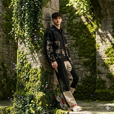 Hyperrealist Portrait of Modern Youth Beside Mossy Column