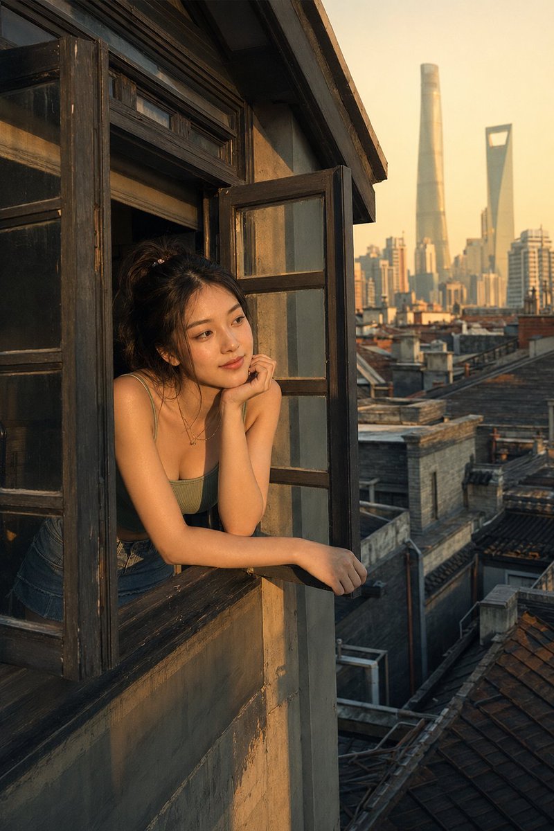 Young woman leans on tiger dormer window at golden hour