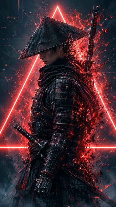 A futuristic samurai stands in profile with neon energy exploding around him