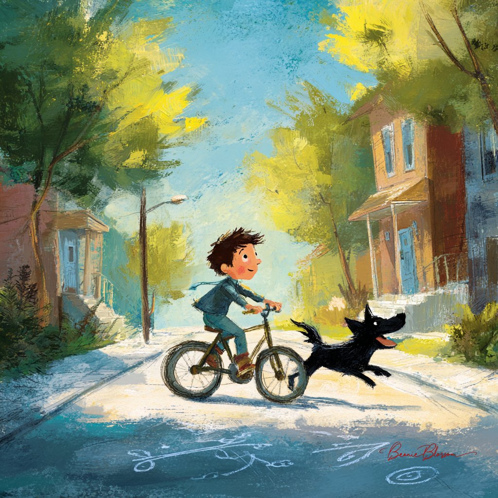 A child wobbles on a bicycle as a dog runs alongside supervising