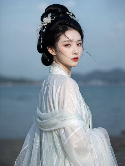 Elegant Eastern Woman Turns Head in Serene Waterside Portrait