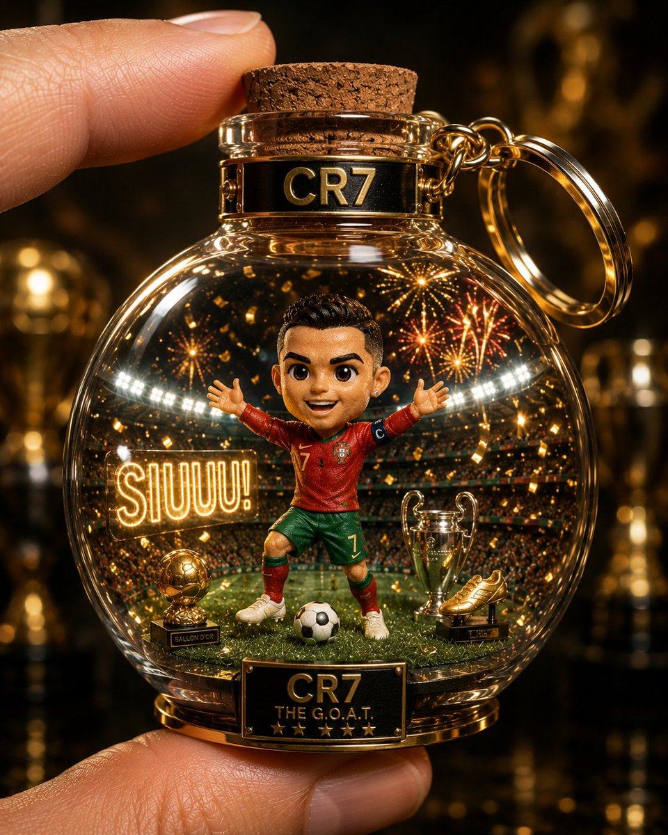 A glass bottle keychain holds a chibi Messi celebrating with real trophies.