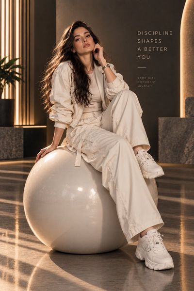 Ivory-clad model poses on chrome sphere in warm studio light