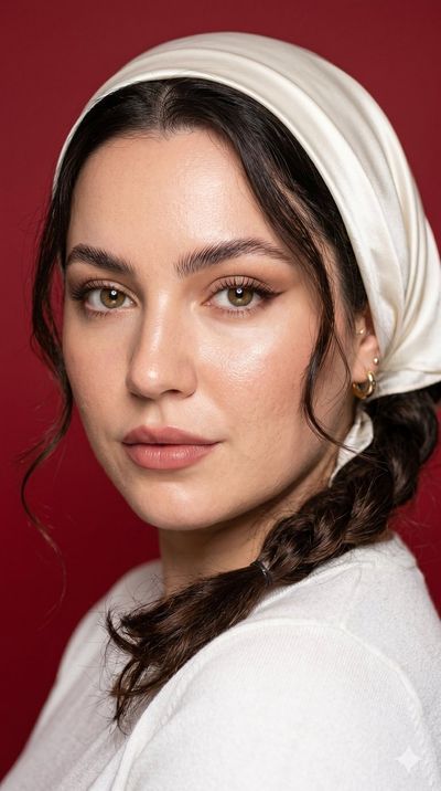 Elegant woman with olive eyes glances over shoulder in red studio