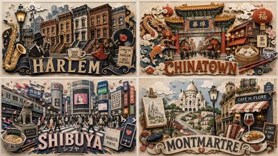 A 2x2 grid of four neighborhoods in layered paper relief style