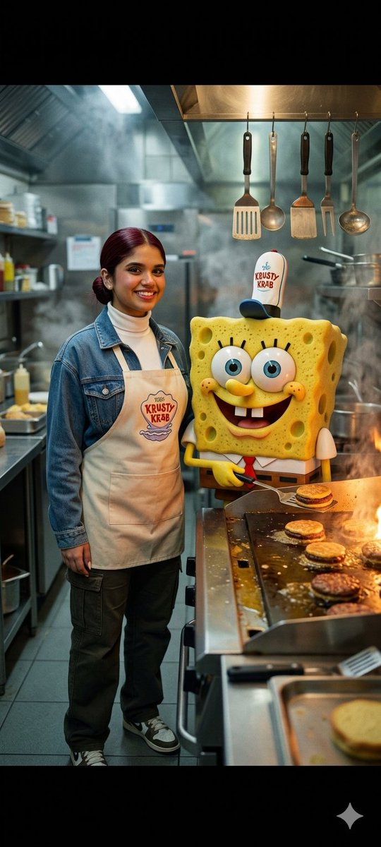 A young chef smiles beside SpongeBob at the Krusty Krab grill
