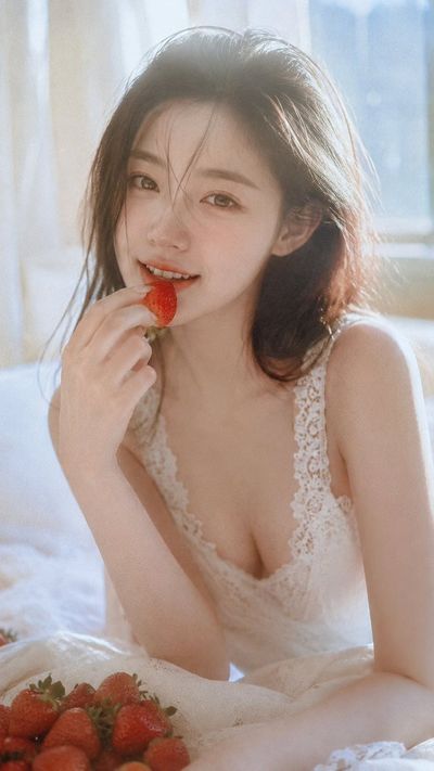A young woman with a strawberry smiles in soft morning light