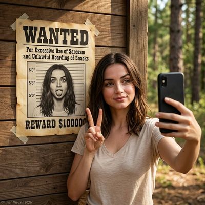 Woman takes selfie next to her own WANTED poster outdoors