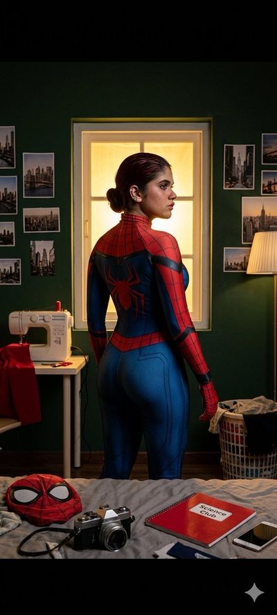 Heroine in red suit adjusts fit before night patrol