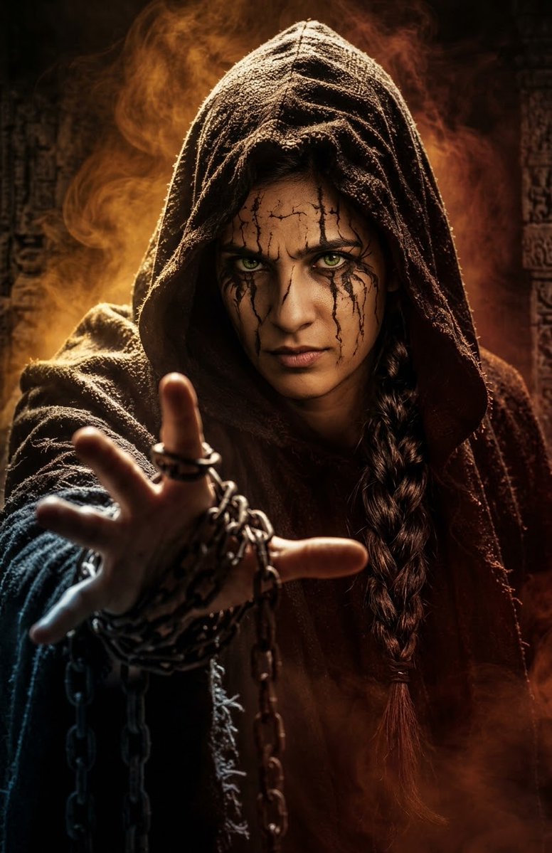 Fierce Sorceress Extends Chained Hand in Smoky Dungeon