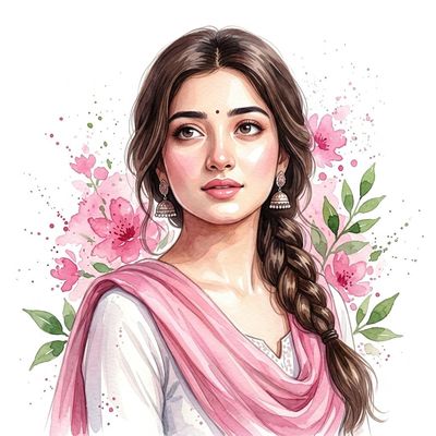 Young Indian woman in white dupatta gazes upward with calm expression