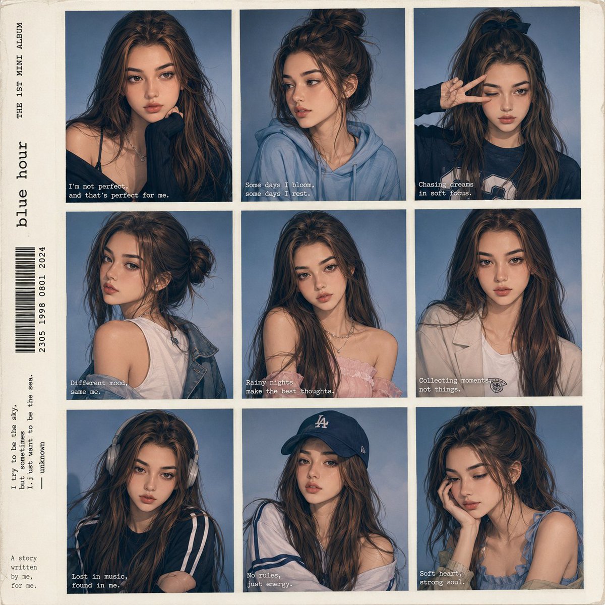 Nine faces of a K-pop idol in soft blue studio light