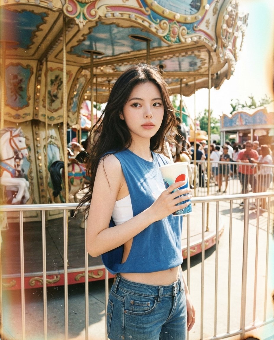 Young woman stands by colorful carousel in faded 90s photograph