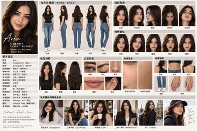 Aria's Photorealistic Character Reference Sheet with Five Full-Body Angles