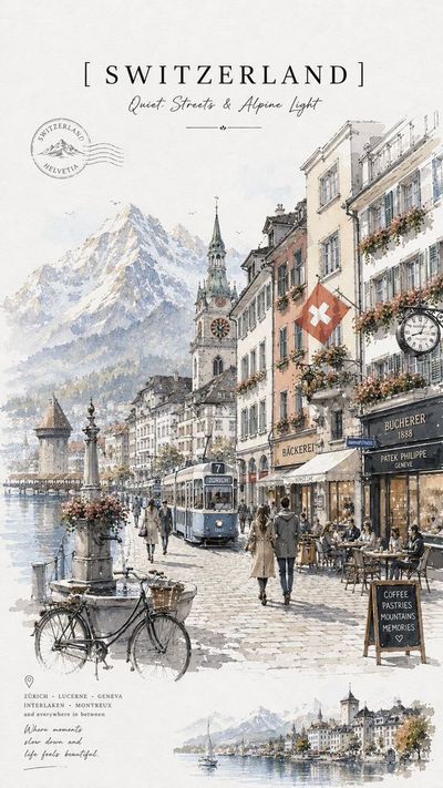 A watercolor tram moves through a Swiss lakeside street