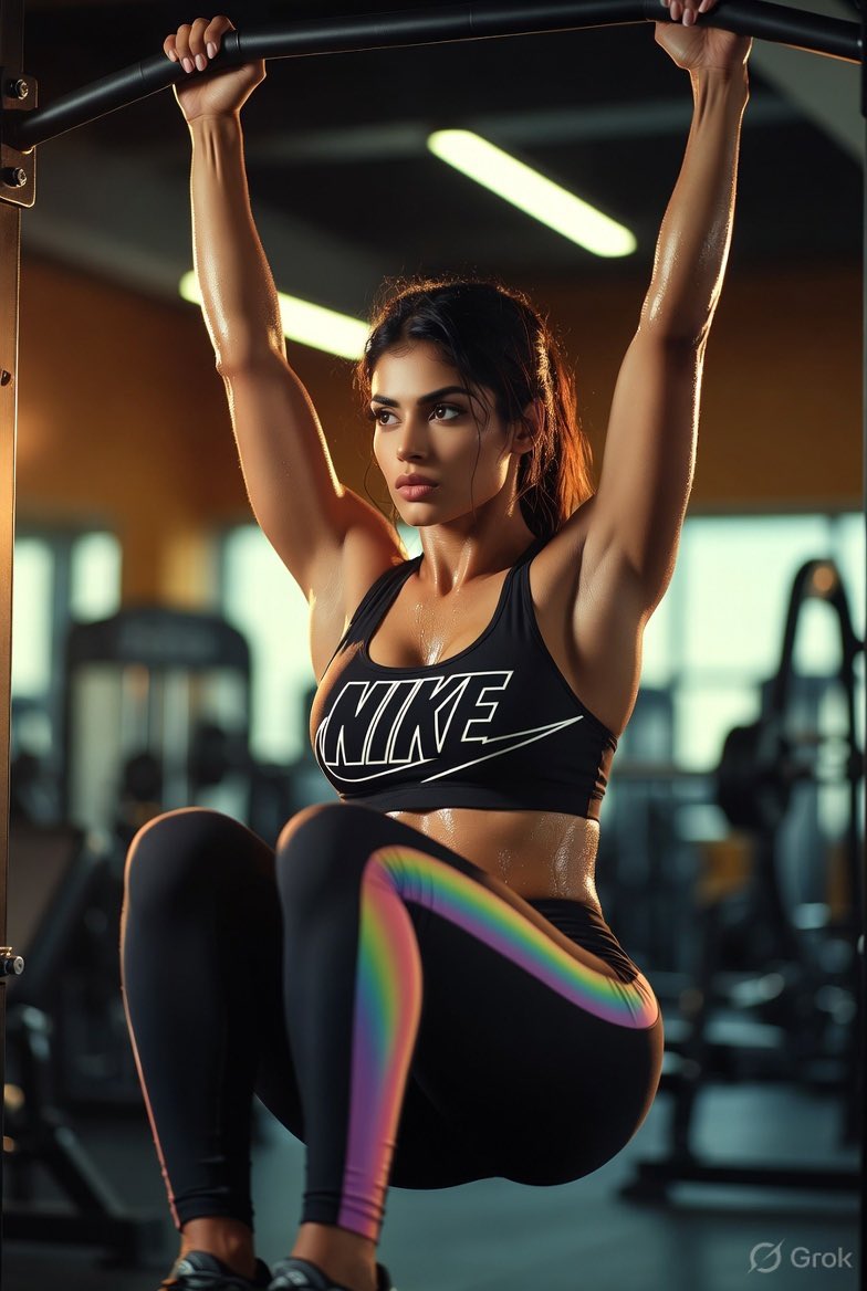 Athletic Indian woman performs a hanging knee raise with intense focus