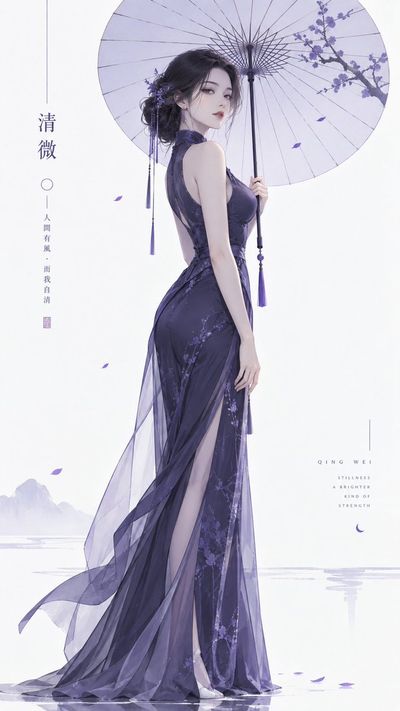 Elegant Eastern Woman Holds Minimal Paper Umbrella in Violet Light