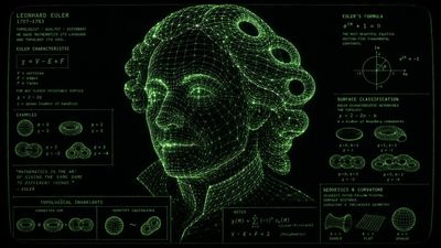 Green wireframe Euler portrait emerges from topological manifold
