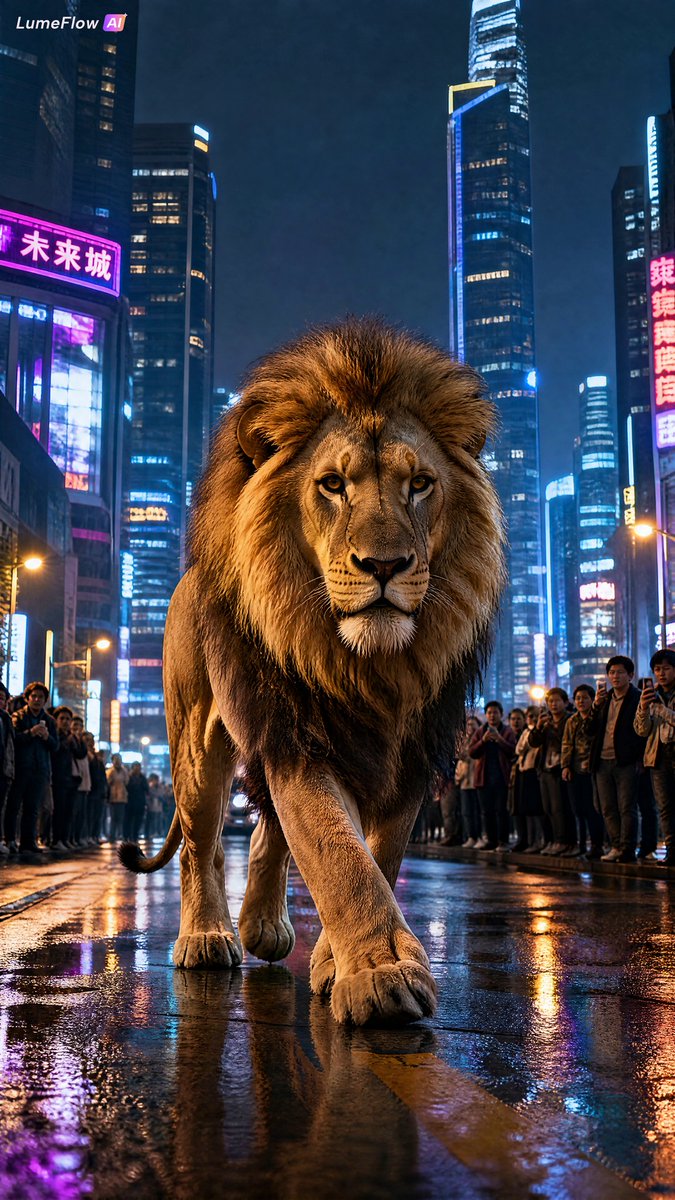 A majestic lion walks a neon-lit city street at night