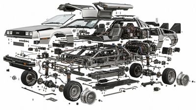 A vintage sports car floats with all parts separated neatly.