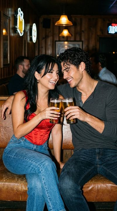 A couple shares a laugh over beers in a cozy pub booth
