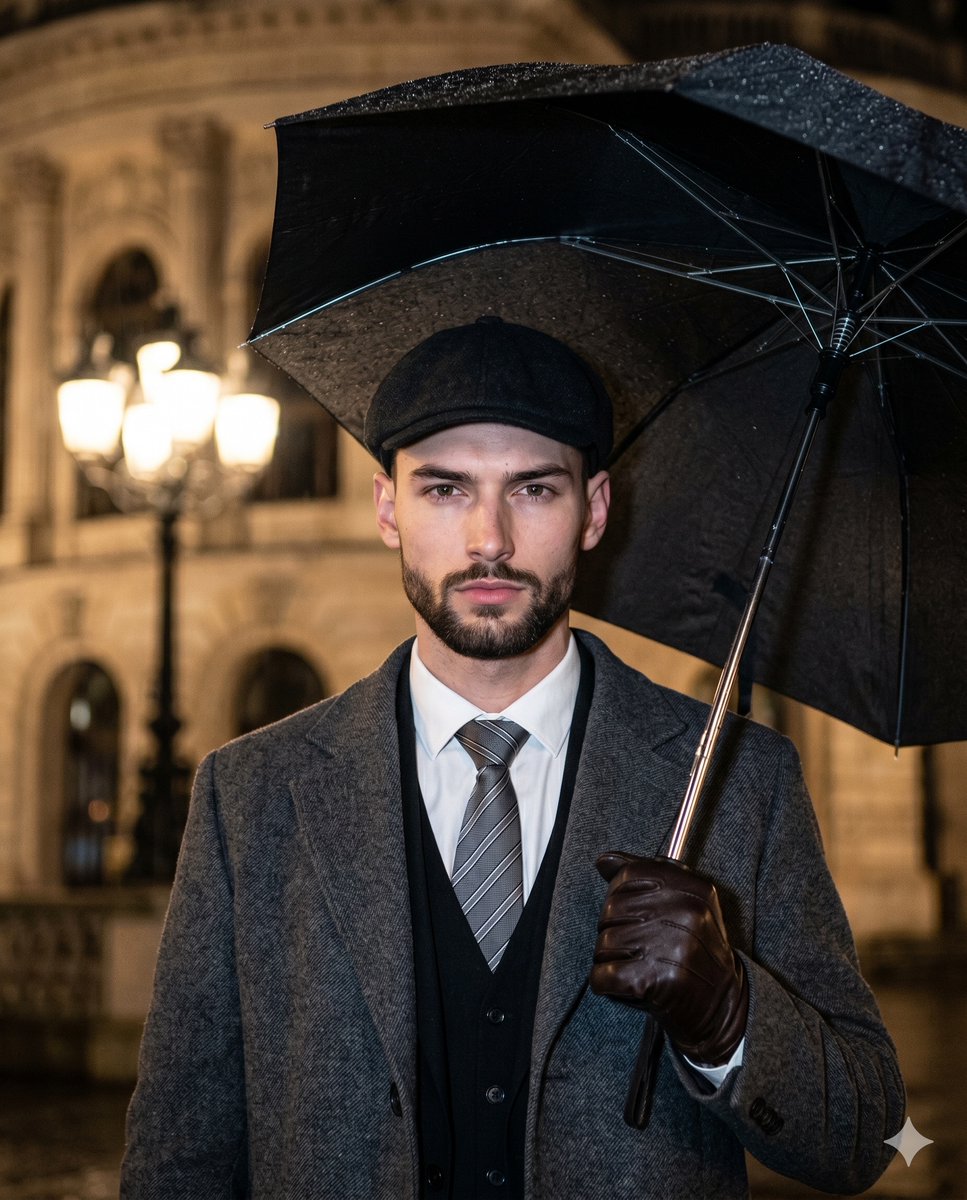 A stern man in winter formalwear grips an umbrella in rain
