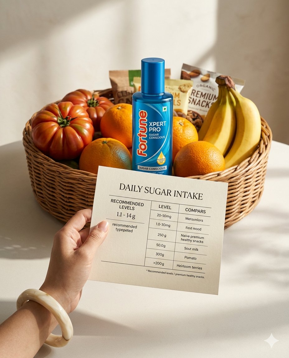 A polished hand presents a sugar intake chart among fresh produce
