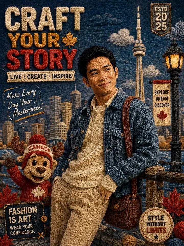A knitted wool character strikes a confident fashion pose