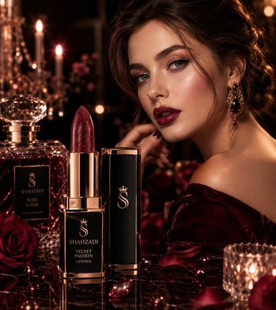 A glamorous woman in velvet poses with a glossy lipstick on marble.