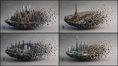 Floating Tokyo island dissolves into cubes with tiny observer below