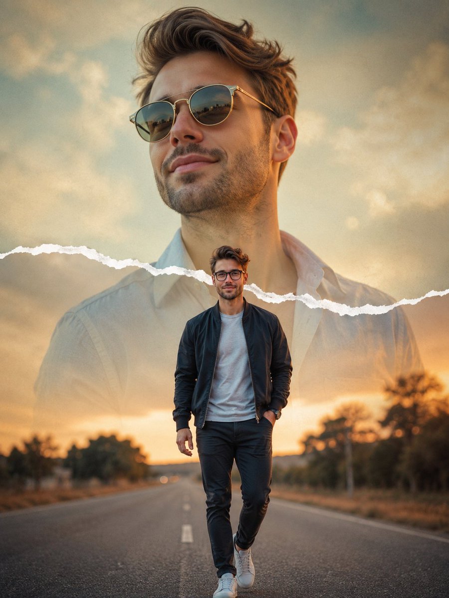 Young Indian boy in sunglasses gazes upward through paper-tear collage