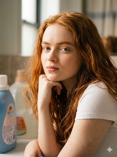 A woman in white crop top leans against a washer