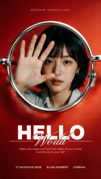 A red circular frame reveals a woman's hand in a cinematic poster