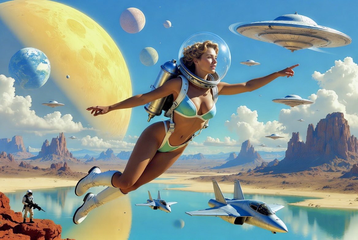 Blonde Astronaut Soaring Over Alien Desert