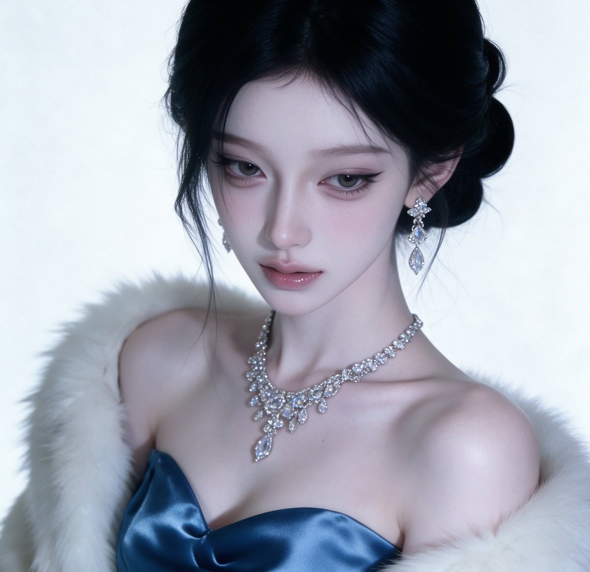 Close-up portrait of a woman with cold white skin and diamond earrings