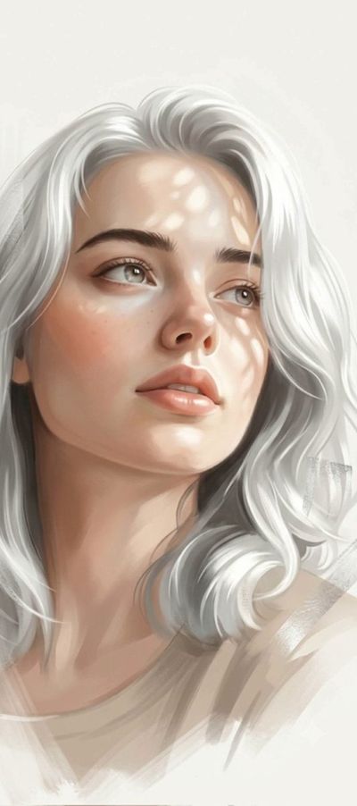 Porcelain skin and silver hair dissolve into an ivory background.