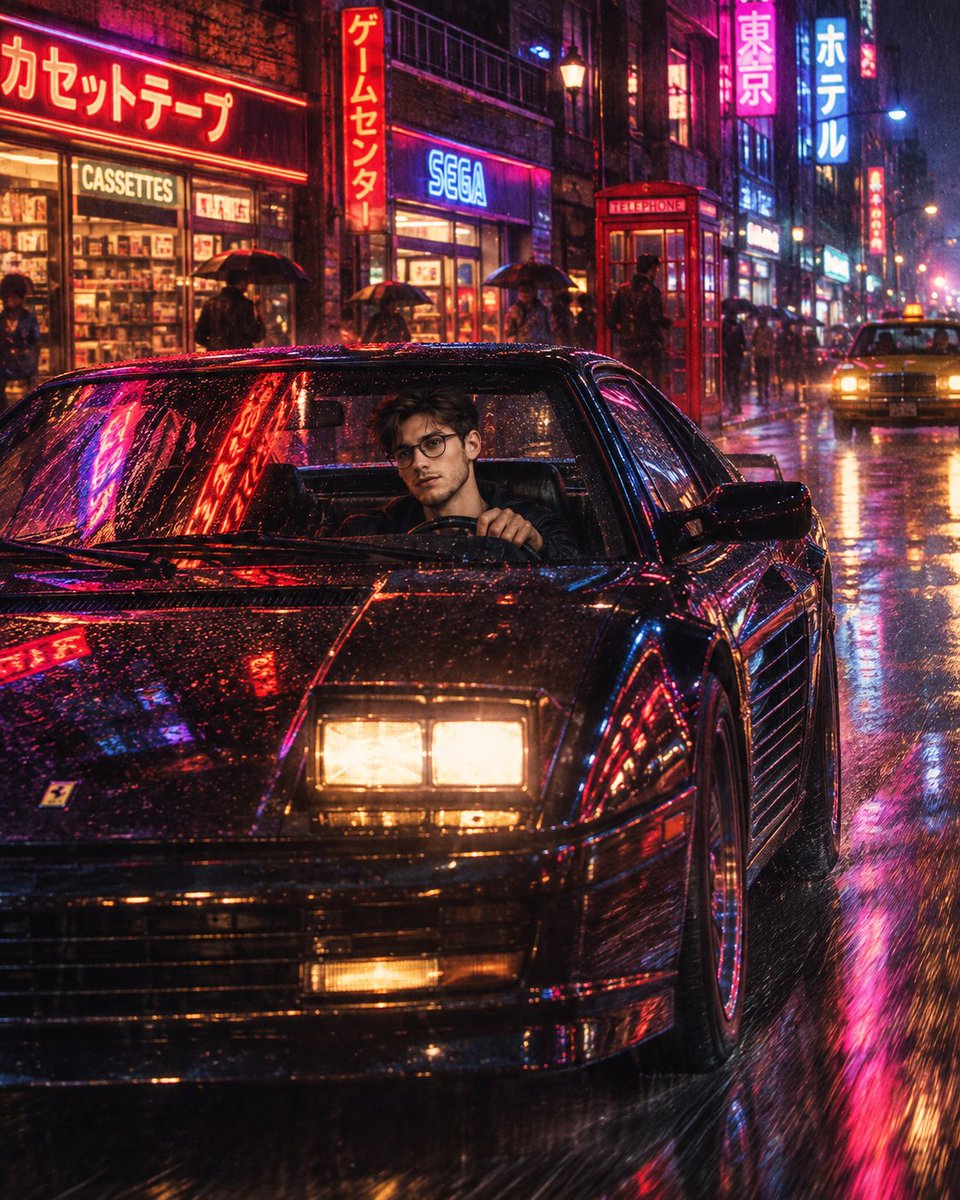 Black 1980s Supercar Cruises Neon-Lit City Streets at Midnight