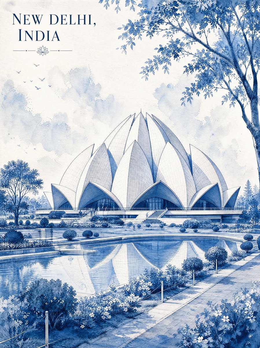 Lotus Temple rises from misty gardens in monochromatic blue watercolor