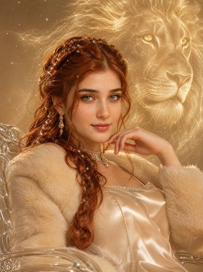 Model sits on acrylic throne with glowing lion spirit behind